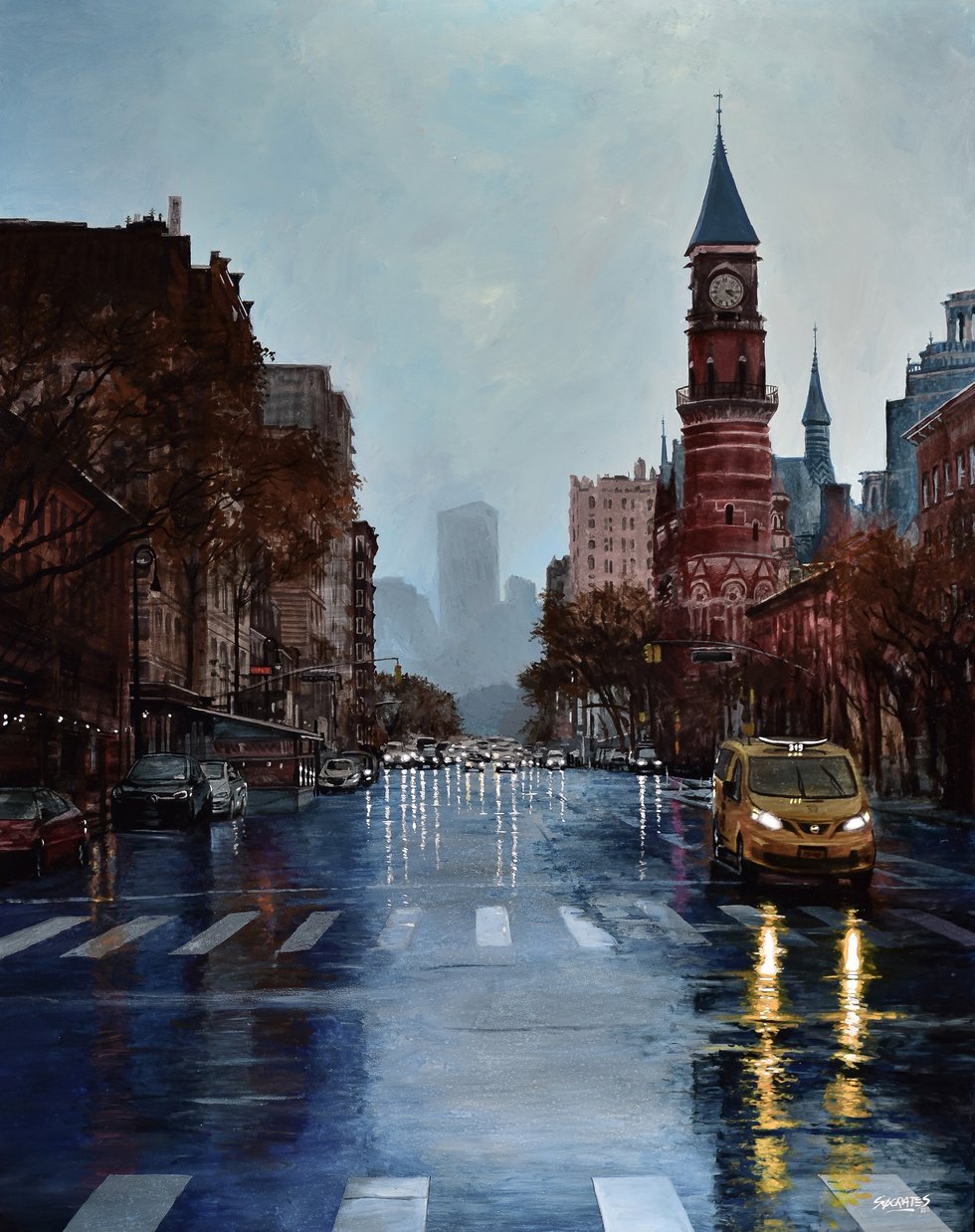 6th Avenue #2 (New York #111), a Hyperimpressionist painting of a rain-soaked New York avenue, with lights reflected on the asphalt and a hazy late-afternoon atmosphere.
